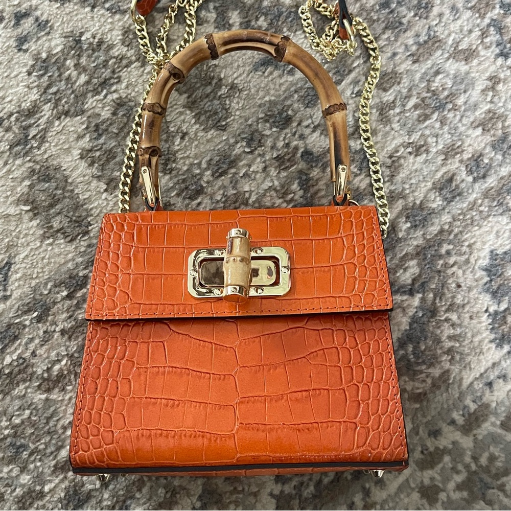 Orange Croc-Embossed Bamboo Handle Satchel - Unbranded